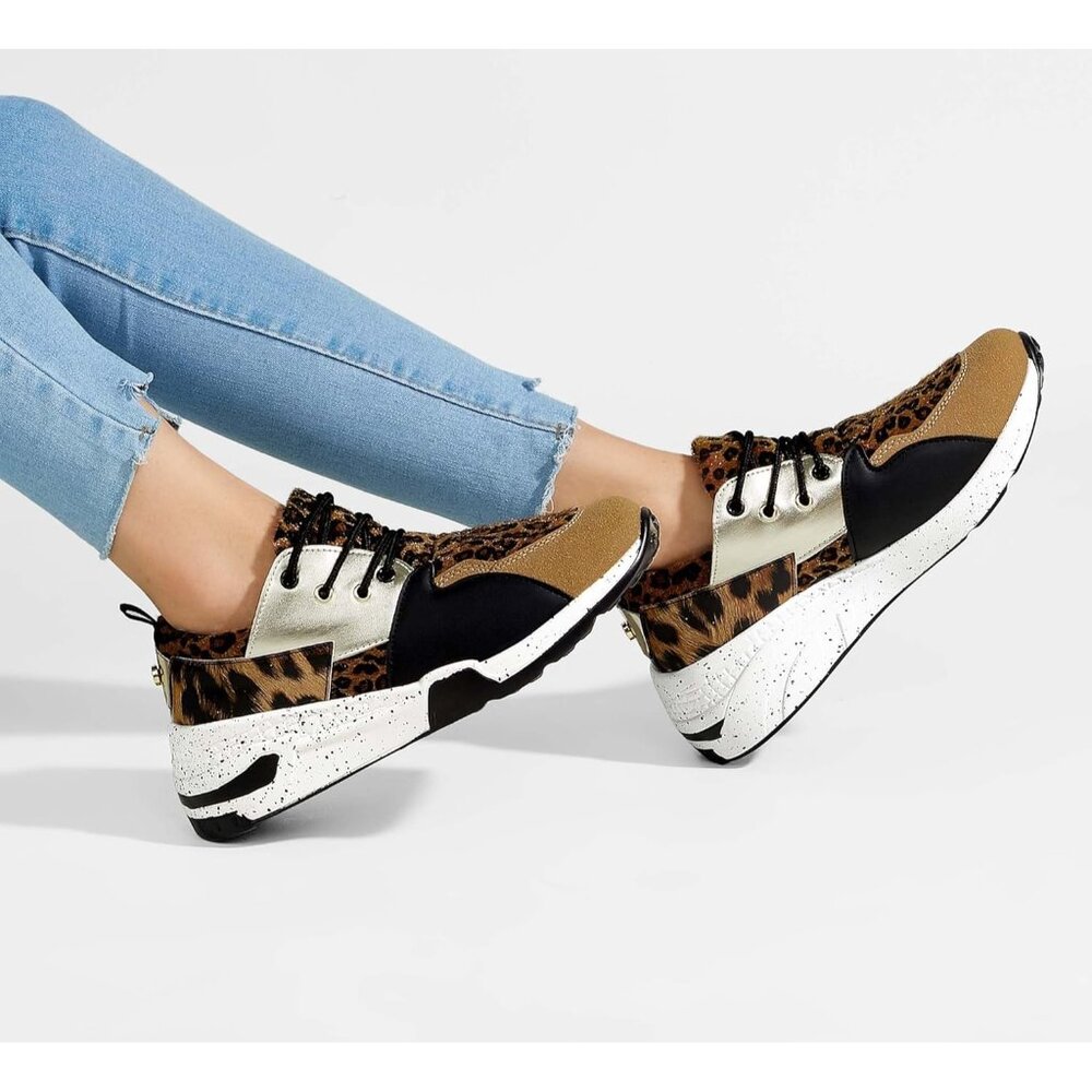 Lucky Step Women's Brown High Heel Wedge Sneaker Fashion Cliff Platform Lace Up - Picture 8 of 9